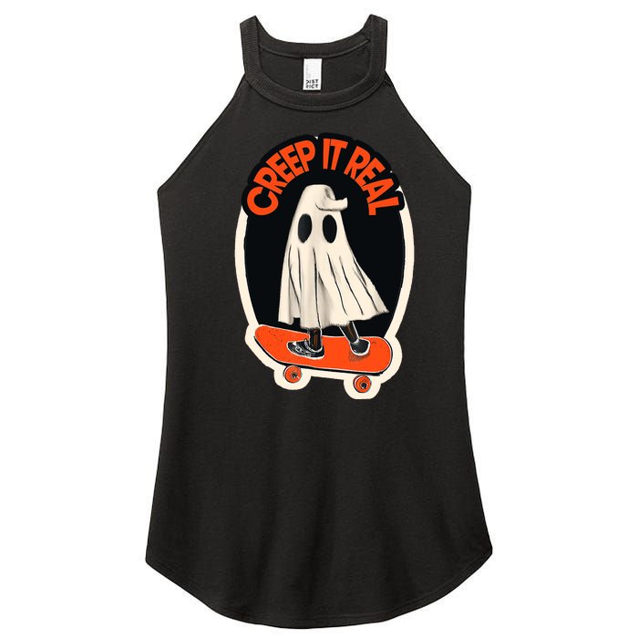 Funny Creep It Real Skateboarding Ghost Halloween Boo Spooky Women's Perfect Tri Rocker Tank