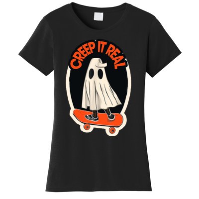 Funny Creep It Real Skateboarding Ghost Halloween Boo Spooky Women's T-Shirt