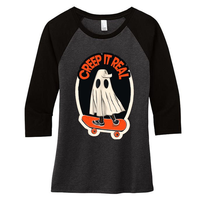 Funny Creep It Real Skateboarding Ghost Halloween Boo Spooky Women's Tri-Blend 3/4-Sleeve Raglan Shirt