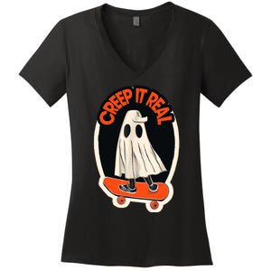 Funny Creep It Real Skateboarding Ghost Halloween Boo Spooky Women's V-Neck T-Shirt