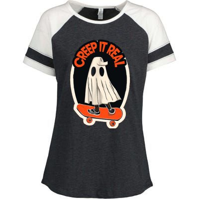 Funny Creep It Real Skateboarding Ghost Halloween Boo Spooky Enza Ladies Jersey Colorblock Tee