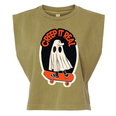 Funny Creep It Real Skateboarding Ghost Halloween Boo Spooky Garment-Dyed Women's Muscle Tee