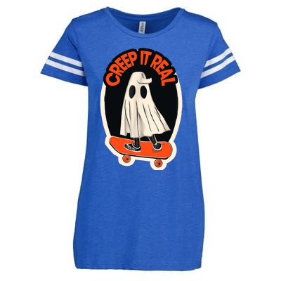 Funny Creep It Real Skateboarding Ghost Halloween Boo Spooky Enza Ladies Jersey Football T-Shirt