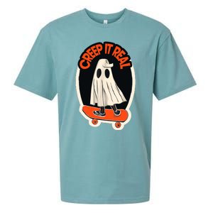 Funny Creep It Real Skateboarding Ghost Halloween Boo Spooky Sueded Cloud Jersey T-Shirt