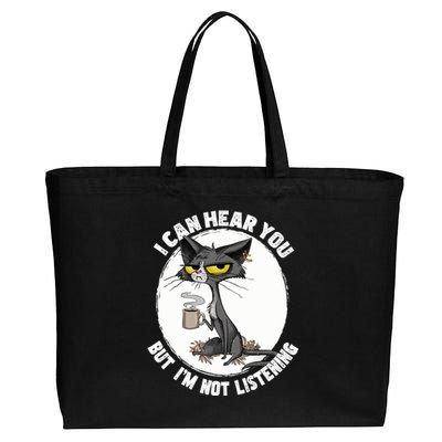 Funny Cat I Can Hear You But Im Listening Cat And Coffee Cotton Canvas Jumbo Tote