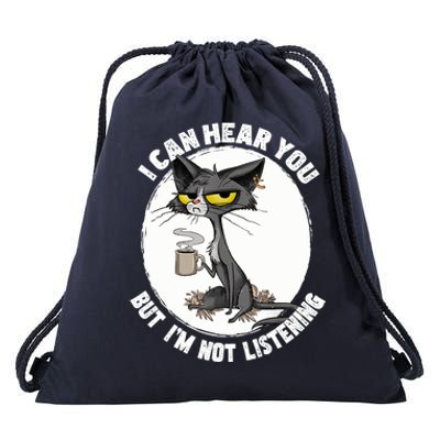 Funny Cat I Can Hear You But Im Listening Cat And Coffee Drawstring Bag