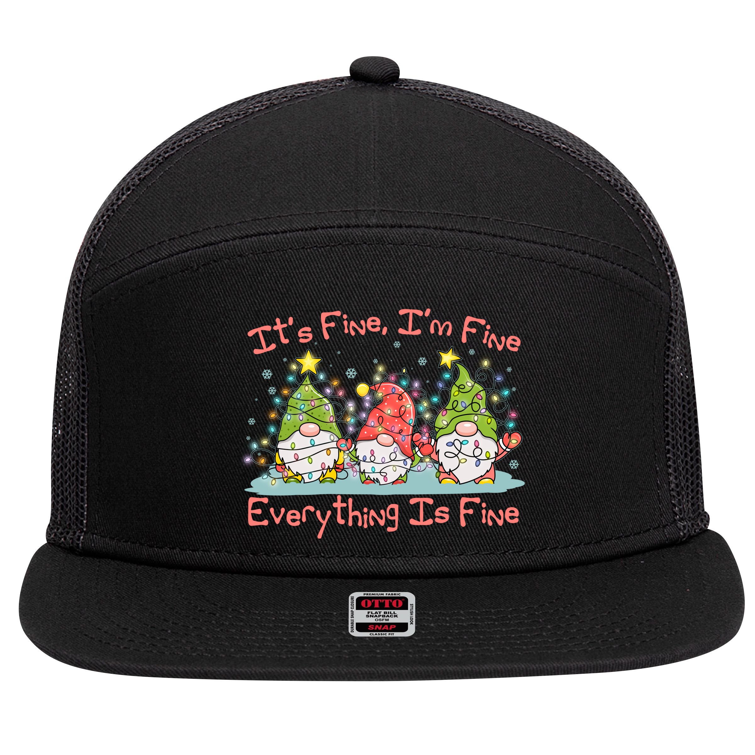 Funny Christmas It's Fine I'm Fine Everything Is Fine Gnomes 7 Panel Mesh Trucker Snapback Hat