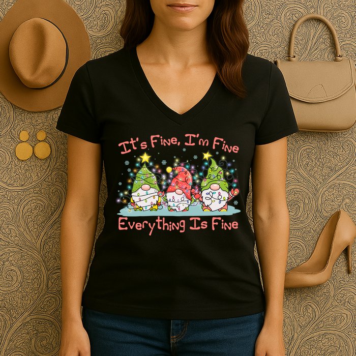 Funny Christmas It's Fine I'm Fine Everything Is Fine Gnomes Women's V-Neck T-Shirt