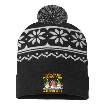 Funny Christmas It's Fine I'm Fine Everything Is Fine Gnomes #Teacher Life USA-Made Snowflake Beanie