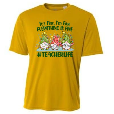 Funny Christmas It's Fine I'm Fine Everything Is Fine Gnomes #Teacher Life Cooling Performance Crew T-Shirt