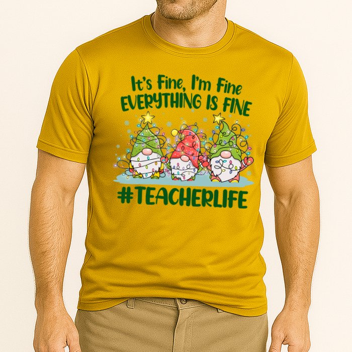 Funny Christmas It's Fine I'm Fine Everything Is Fine Gnomes #Teacher Life Cooling Performance Crew T-Shirt