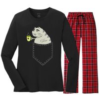 Funny Cat In Pocket Vintage Kawaii Anime Coffee & Cat Lovers Women's Long Sleeve Flannel Pajama Set 