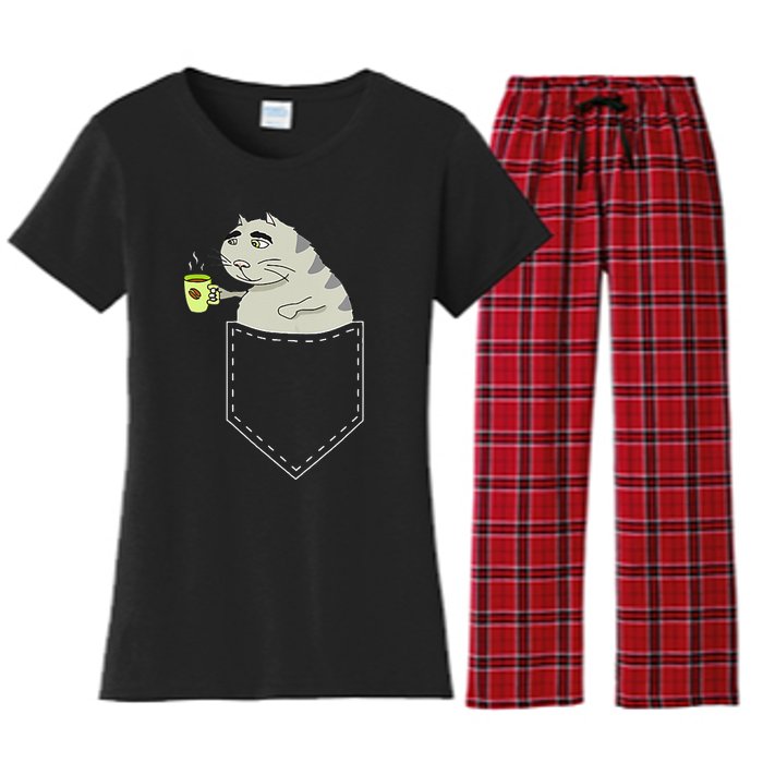 Funny Cat In Pocket Vintage Kawaii Anime Coffee & Cat Lovers Women's Flannel Pajama Set