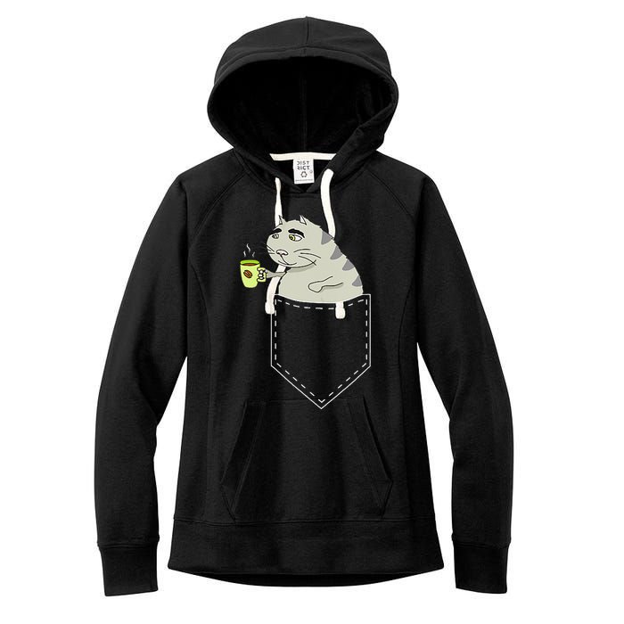 Funny Cat In Pocket Vintage Kawaii Anime Coffee & Cat Lovers Women's Fleece Hoodie