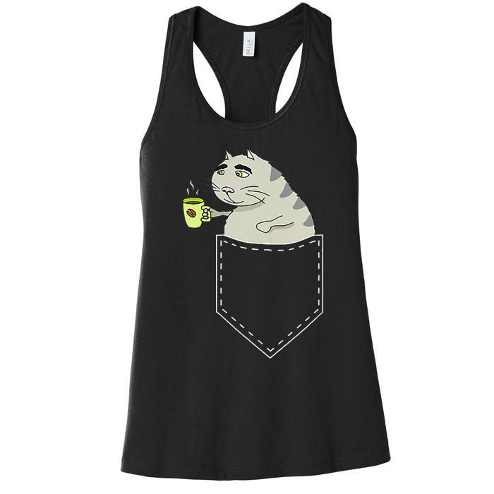 Funny Cat In Pocket Vintage Kawaii Anime Coffee & Cat Lovers Women's Racerback Tank