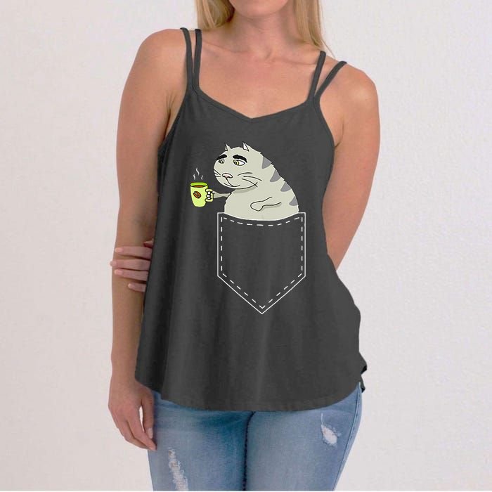 Funny Cat In Pocket Vintage Kawaii Anime Coffee & Cat Lovers Women's Strappy Tank