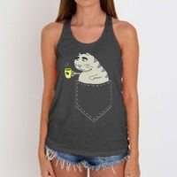 Funny Cat In Pocket Vintage Kawaii Anime Coffee & Cat Lovers Women's Knotted Racerback Tank