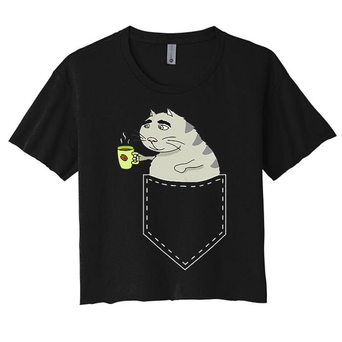 Funny Cat In Pocket Vintage Kawaii Anime Coffee & Cat Lovers Women's Crop Top Tee