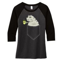 Funny Cat In Pocket Vintage Kawaii Anime Coffee & Cat Lovers Women's Tri-Blend 3/4-Sleeve Raglan Shirt