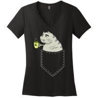 Funny Cat In Pocket Vintage Kawaii Anime Coffee & Cat Lovers Women's V-Neck T-Shirt