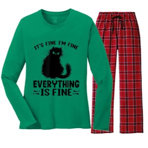 Funny cat It's Fine I'm Fine Everything Is Fine Meow Kitty Women's Long Sleeve Flannel Pajama Set 