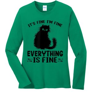 Funny cat It's Fine I'm Fine Everything Is Fine Meow Kitty Ladies Long Sleeve Shirt