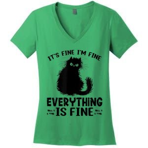 Funny cat It's Fine I'm Fine Everything Is Fine Meow Kitty Women's V-Neck T-Shirt