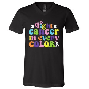 Fight Cancer In All Color Awareness Flower Ribbon Heart Hope V-Neck T-Shirt