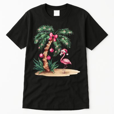 Flamingo Christmas In July Coquette Bow Palm Tree Summer Tall T-Shirt