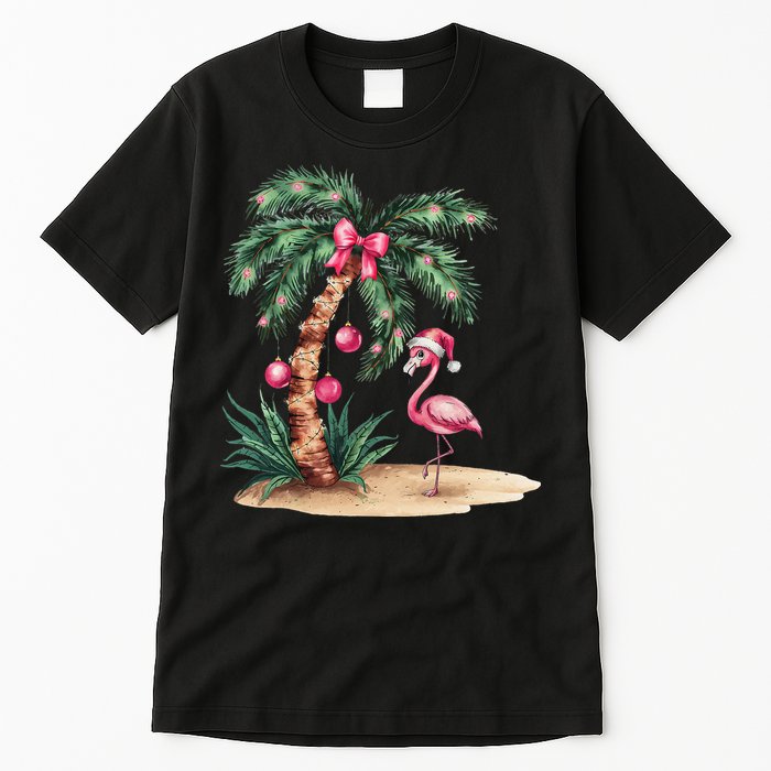 Flamingo Christmas In July Coquette Bow Palm Tree Summer Tall T-Shirt