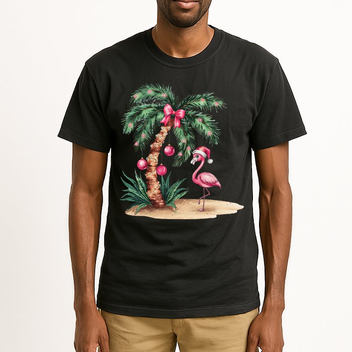 Flamingo Christmas In July Coquette Bow Palm Tree Summer Tall T-Shirt