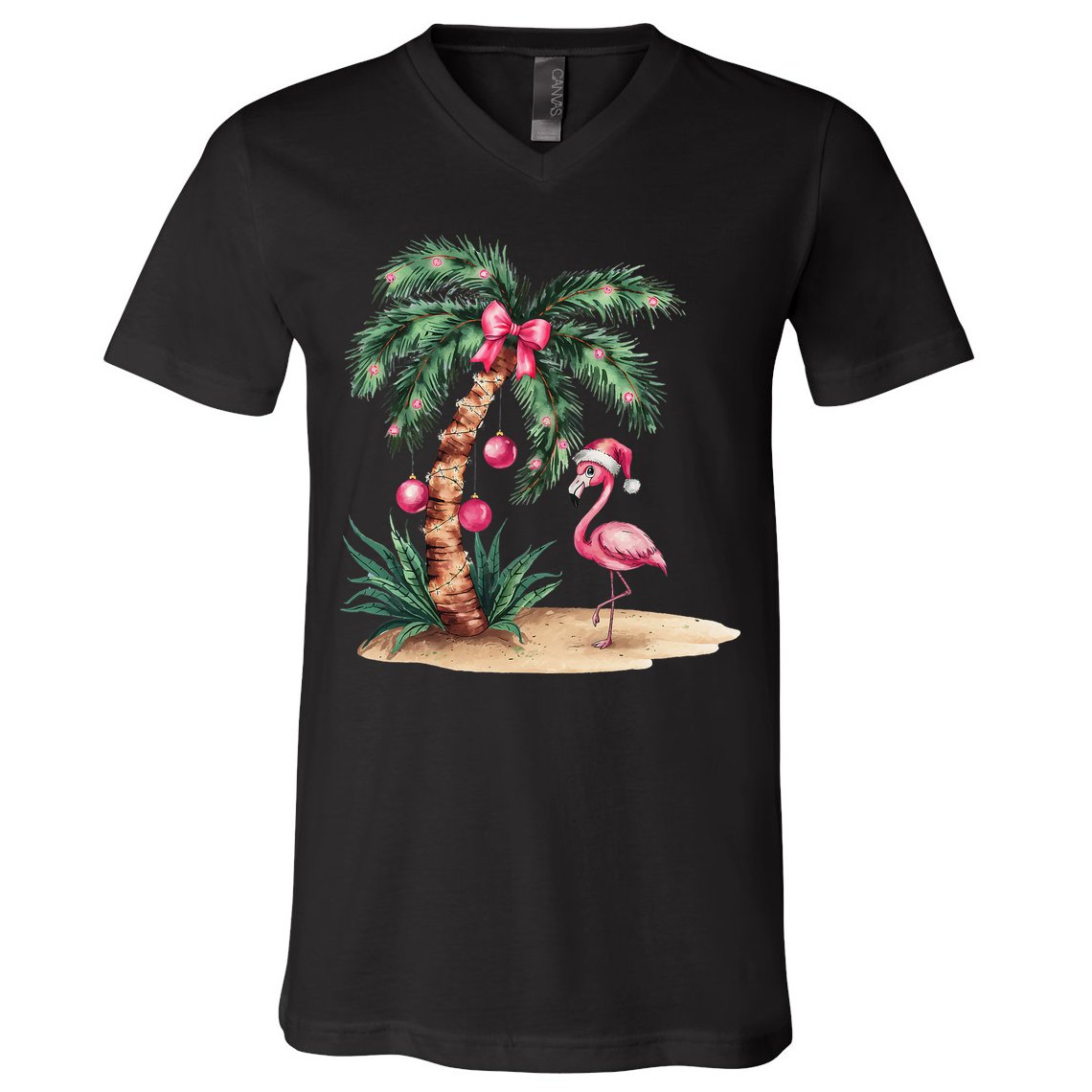 Flamingo Christmas In July Coquette Bow Palm Tree Summer V-Neck T-Shirt