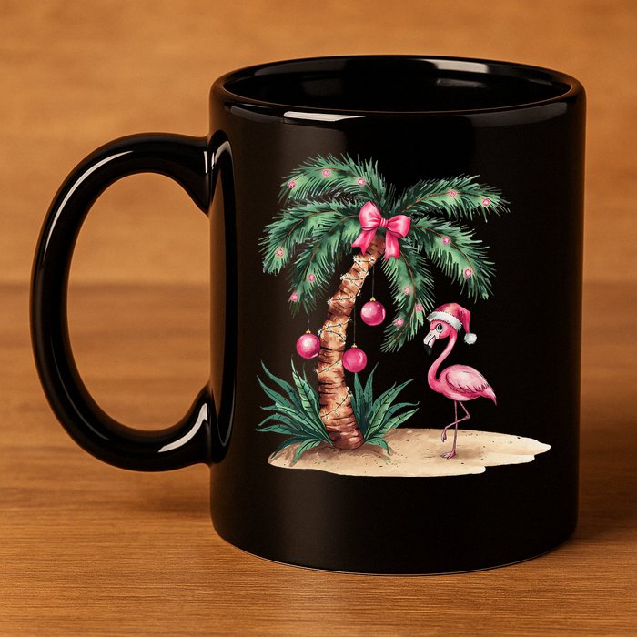 Flamingo Christmas In July Coquette Bow Palm Tree Summer 11oz C Handle Ceramic Mug