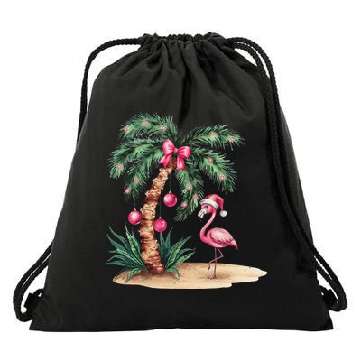 Flamingo Christmas In July Coquette Bow Palm Tree Summer Drawstring Bag
