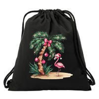 Flamingo Christmas In July Coquette Bow Palm Tree Summer Drawstring Bag