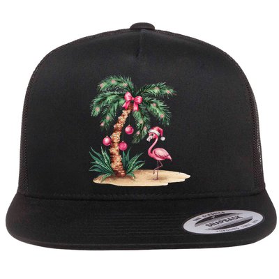 Flamingo Christmas In July Coquette Bow Palm Tree Summer Flat Bill Trucker Hat