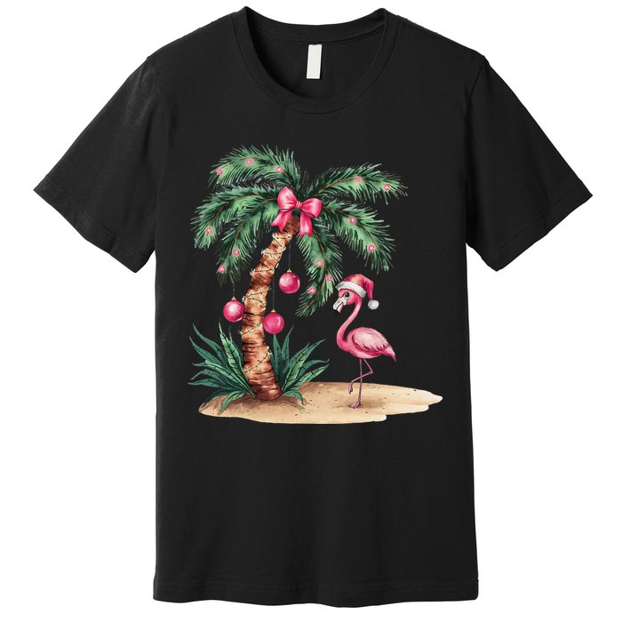 Flamingo Christmas In July Coquette Bow Palm Tree Summer Premium T-Shirt