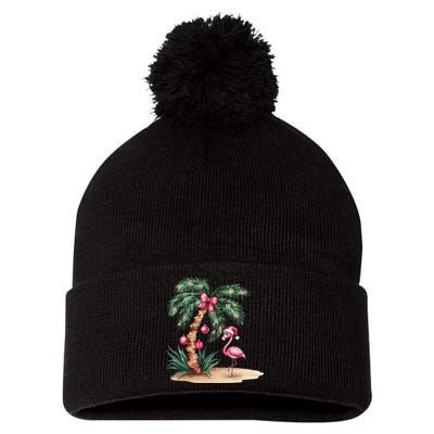 Flamingo Christmas In July Coquette Bow Palm Tree Summer Pom Pom 12in Knit Beanie