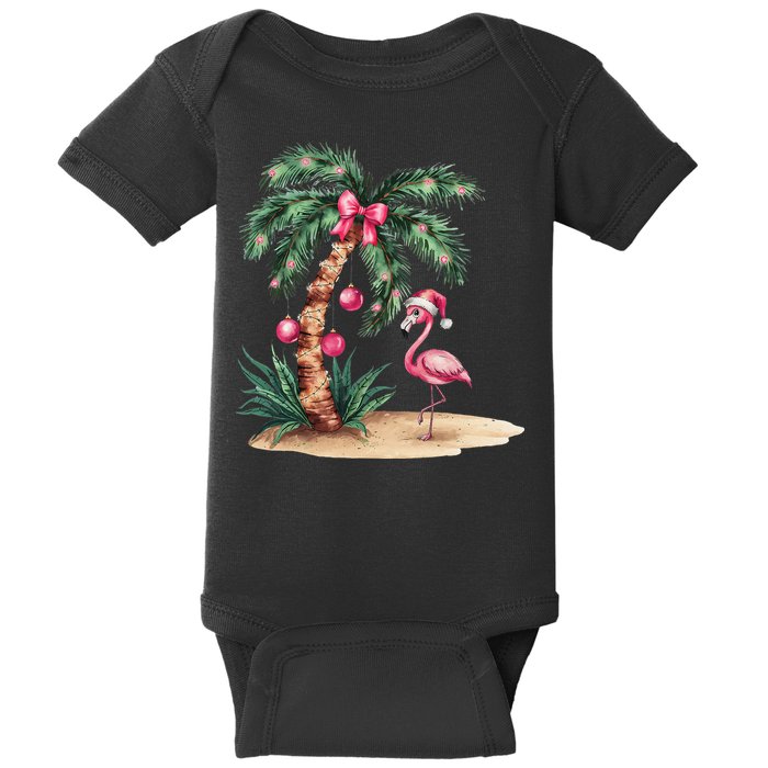 Flamingo Christmas In July Coquette Bow Palm Tree Summer Baby Bodysuit