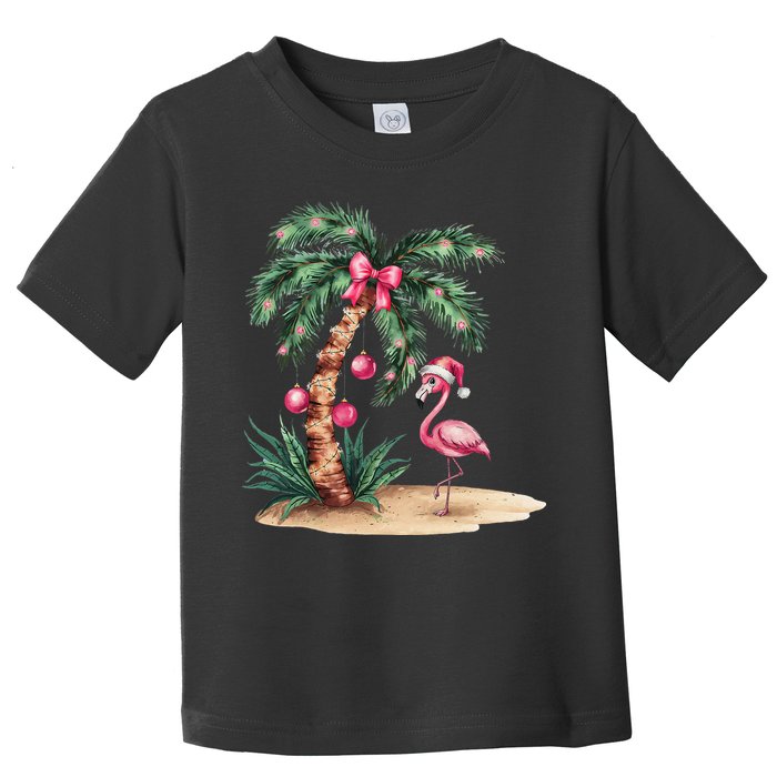 Flamingo Christmas In July Coquette Bow Palm Tree Summer Toddler T-Shirt