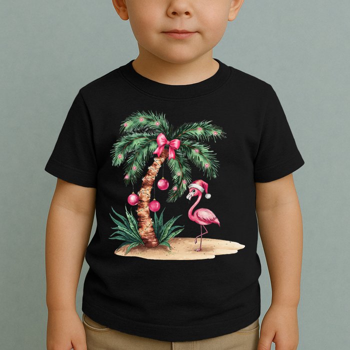 Flamingo Christmas In July Coquette Bow Palm Tree Summer Toddler T-Shirt