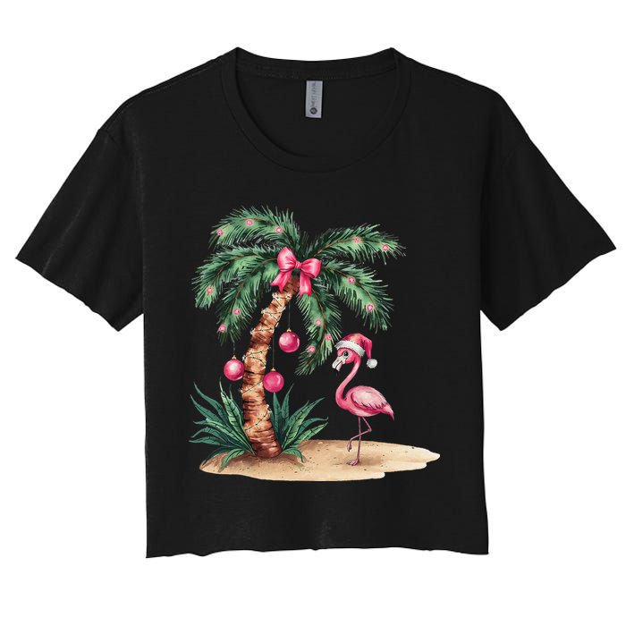 Flamingo Christmas In July Coquette Bow Palm Tree Summer Crop Top
