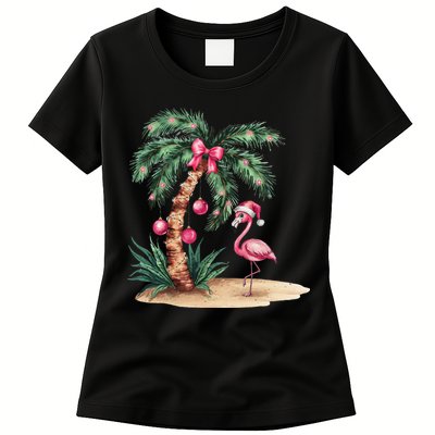 Flamingo Christmas In July Coquette Bow Palm Tree Summer Womens T-Shirt