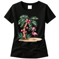 Flamingo Christmas In July Coquette Bow Palm Tree Summer Womens T-Shirt