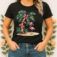 Flamingo Christmas In July Coquette Bow Palm Tree Summer Womens T-Shirt
