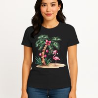 Flamingo Christmas In July Coquette Bow Palm Tree Summer Womens T-Shirt