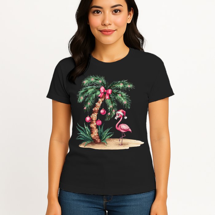 Flamingo Christmas In July Coquette Bow Palm Tree Summer Womens T-Shirt