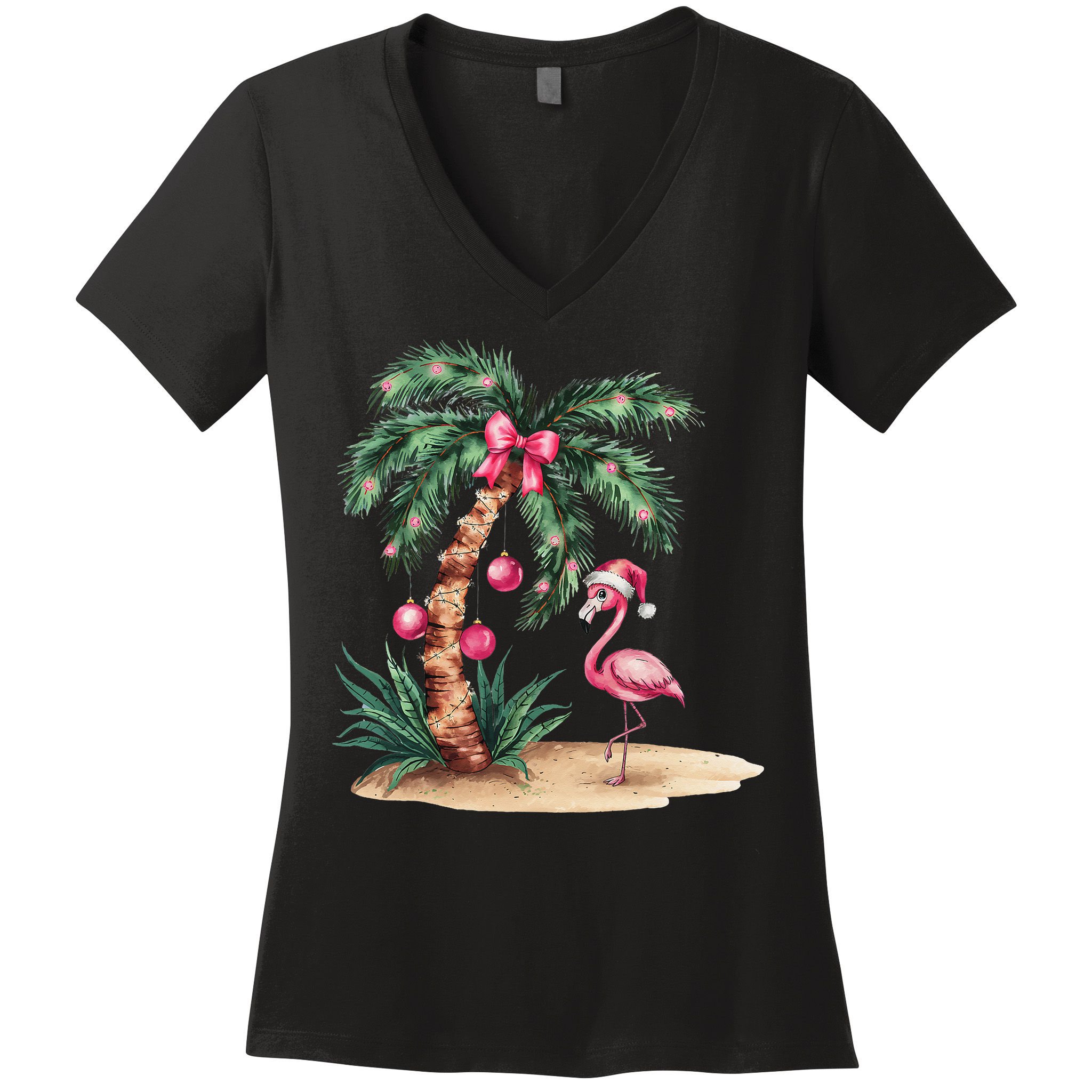 Flamingo Christmas In July Coquette Bow Palm Tree Summer Women's V-Neck T-Shirt