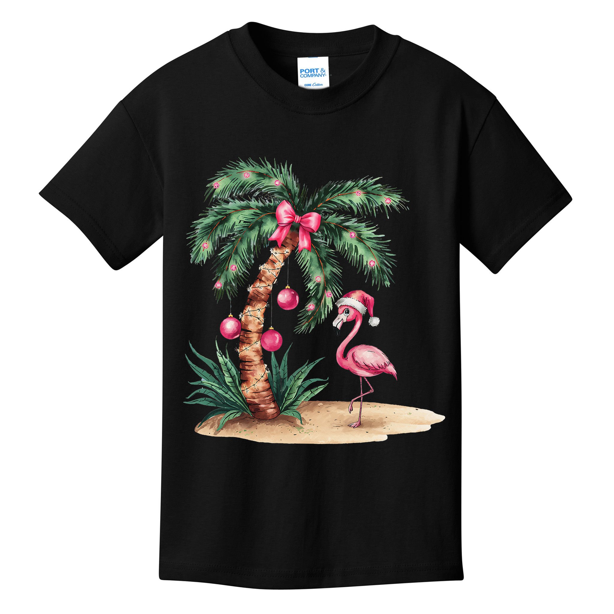 Flamingo Christmas In July Coquette Bow Palm Tree Summer Kids T-Shirt