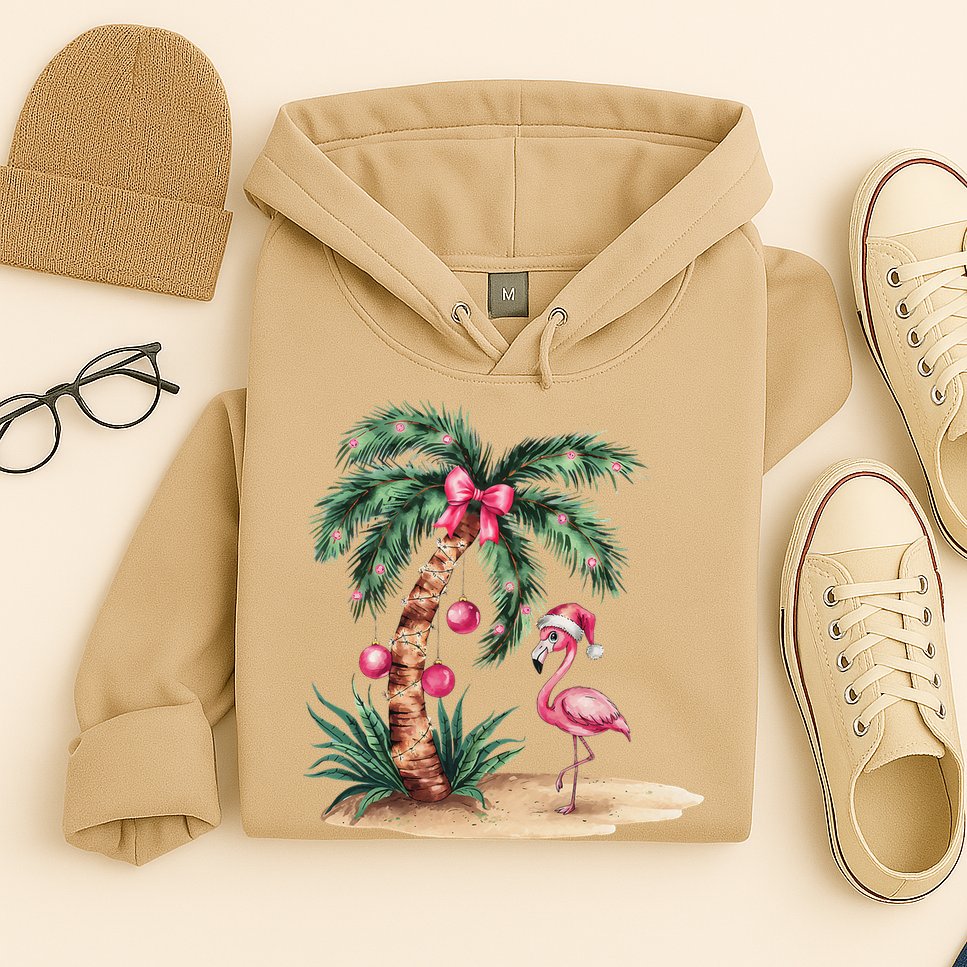 Flamingo Christmas In July Coquette Bow Palm Tree Summer Hoodie